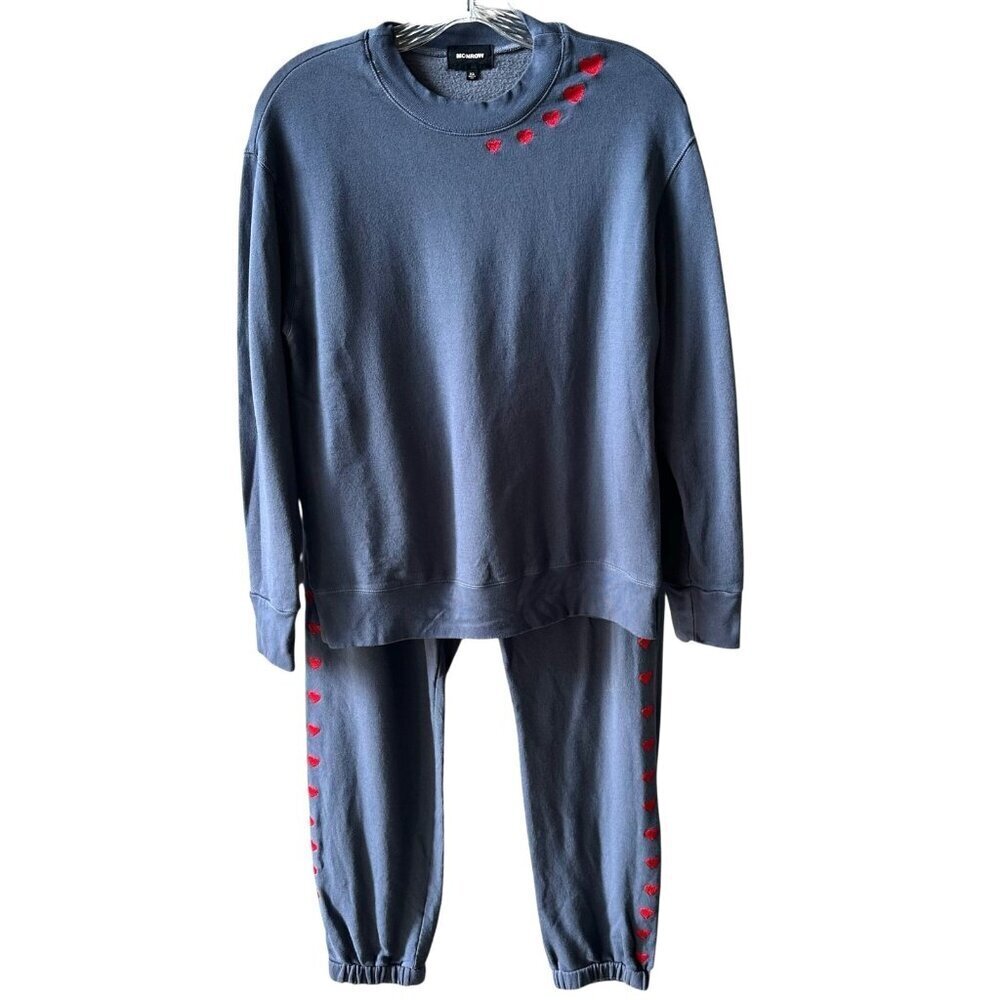 Monrow Gray Embroidered Hearts Super Soft Fleece Sweatshirt & Joggers XS/S